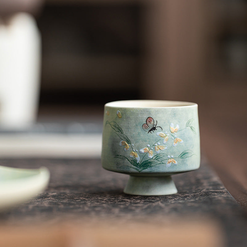 Hand painted Oncidium ceramic teacup handmade ceramic Kung Fu tea set