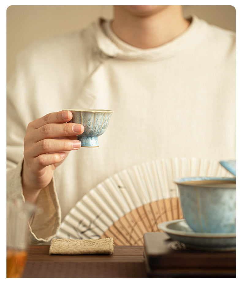 Jingdezhen crystal kiln change flower mouth teacup pure handmade ceramic kung fu tea set